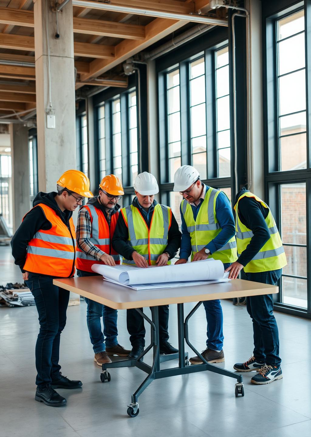 Project team reviewing drawings inside a building under construction