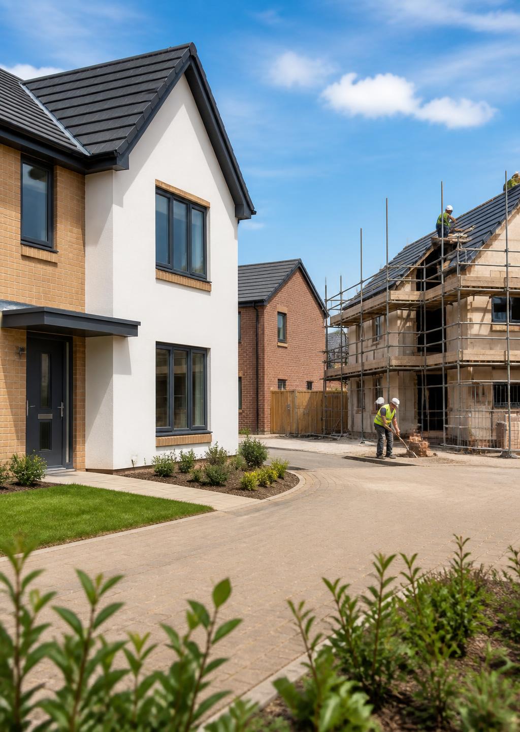Contemporary new-build homes approaching completion on a residential development