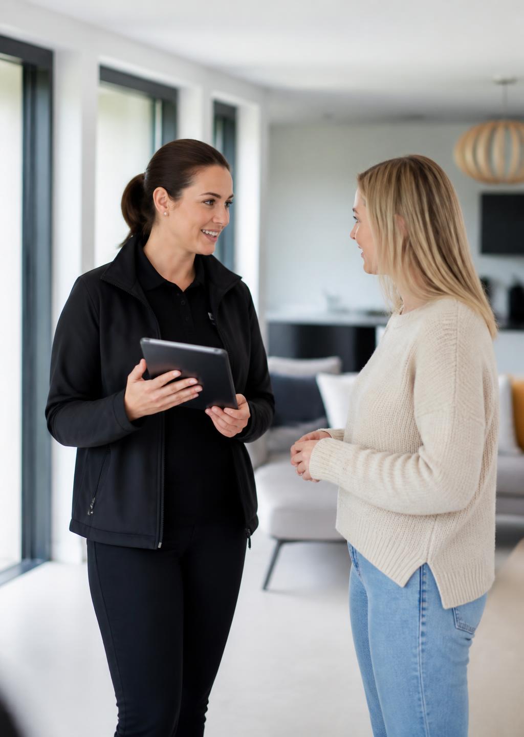 Customer-care manager with a tablet listening to a homeowner inside a newly built home