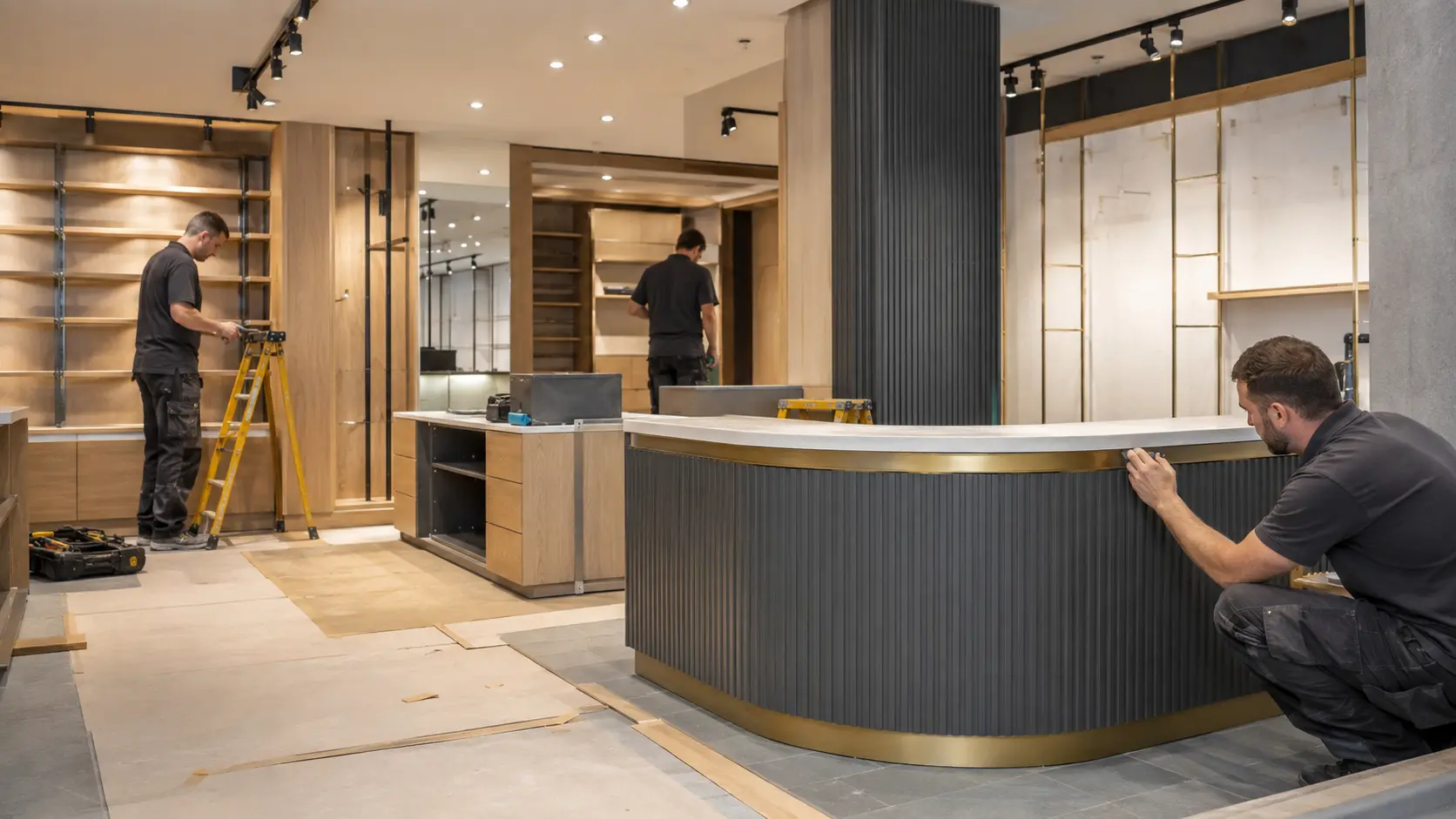 Illustrative commercial fit-out in progress with contractors installing a new counter.