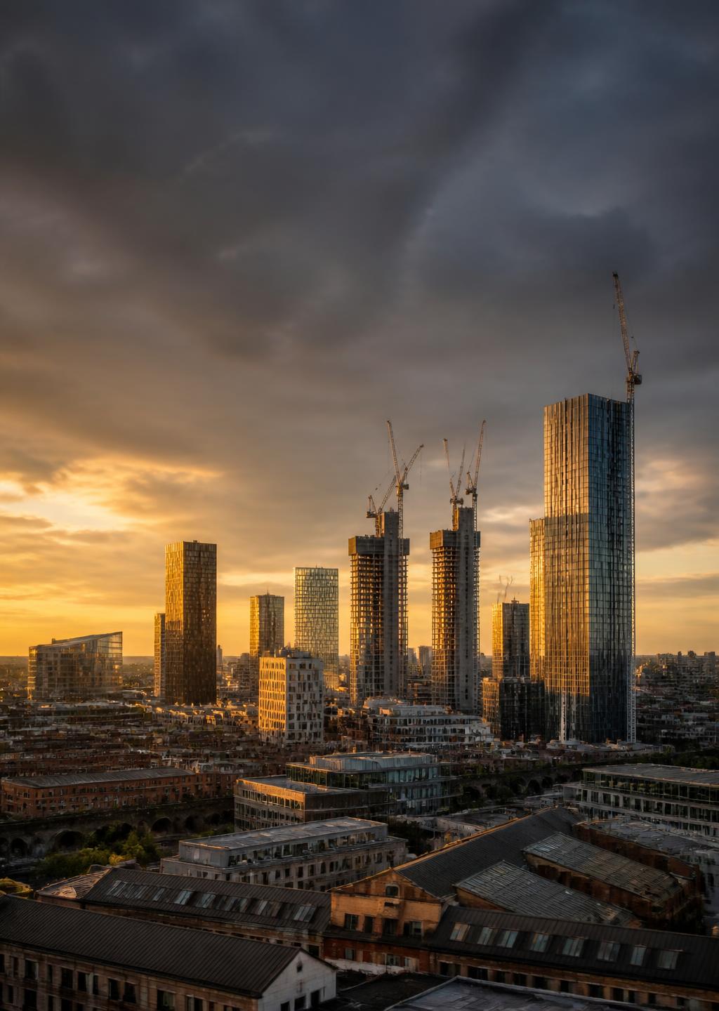 Manchester city-centre skyline at golden hour with tower cranes over new residential and mixed-use towers