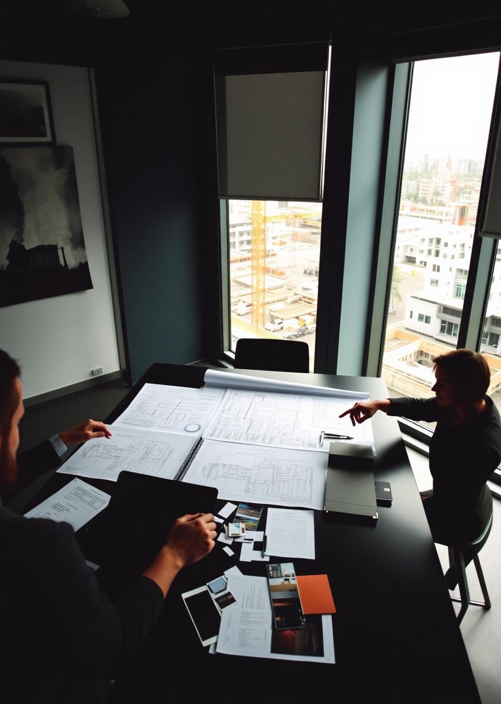 Project review meeting with drawings, samples and a tablet overlooking a construction site