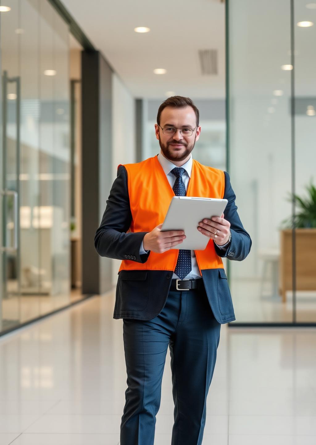 Surveyor with a tablet in a finished commercial interior ready for assessment